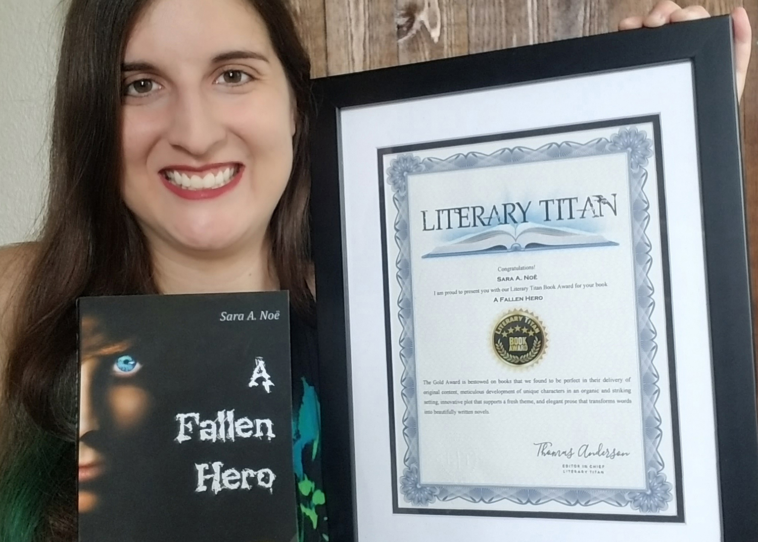Author Sara A. Noe with the Literary Titan Gold Book Award certificate